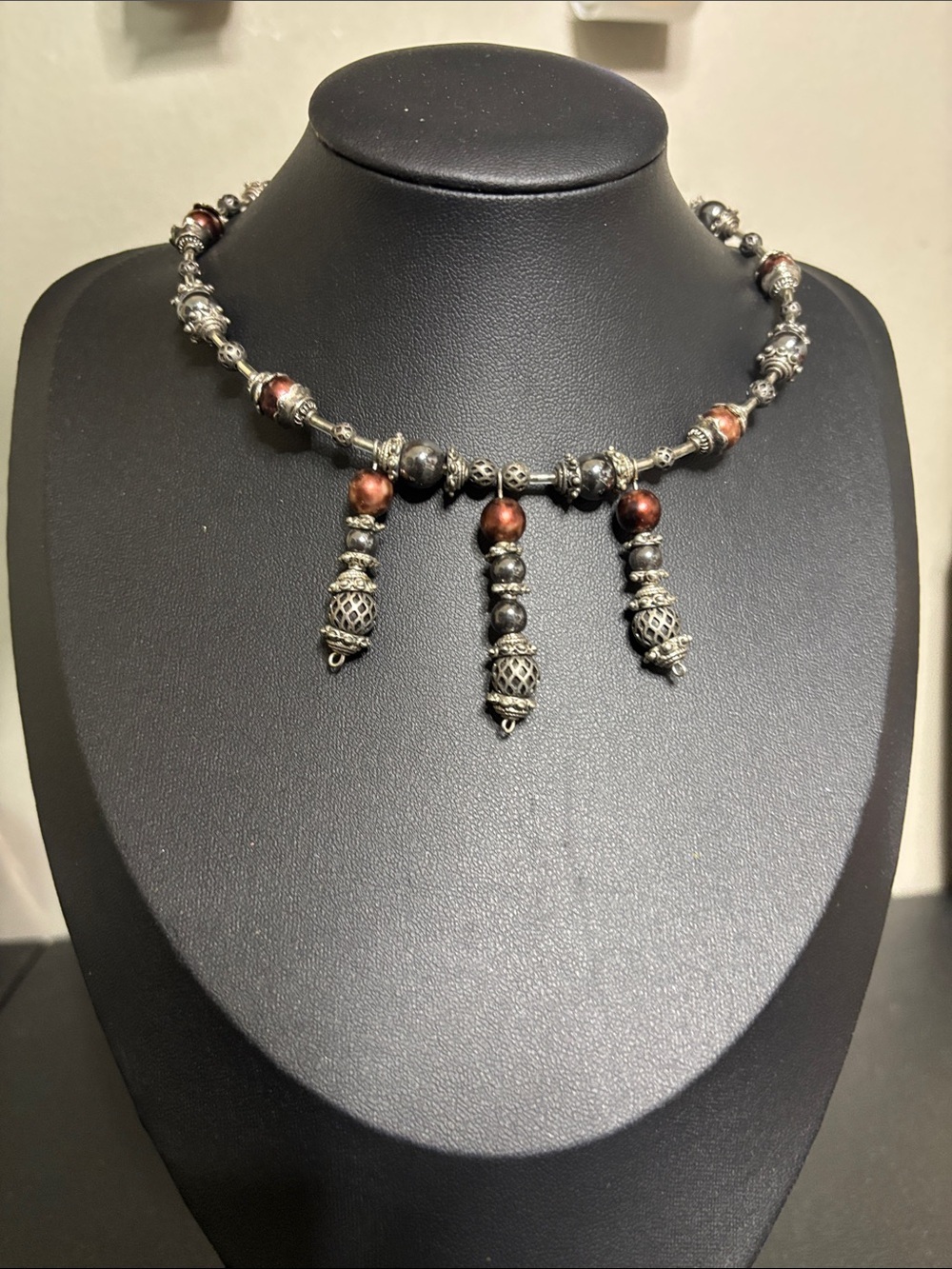 Silver-Tone and Copper Faux Pearl Beaded Choker Necklace Adjustable